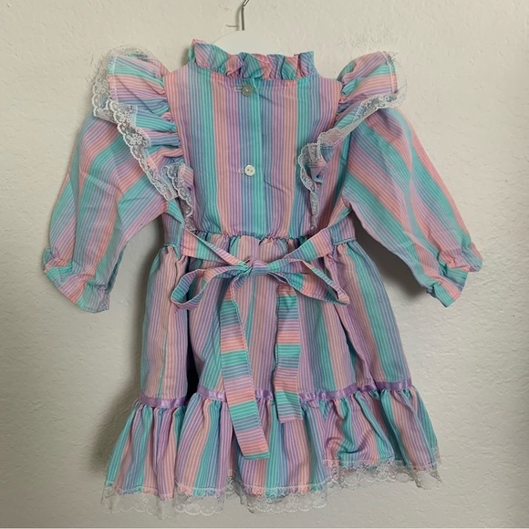 Vintage Toddler Girl Rainbow Stripe Dress 2T Lace Buttons Ribbon Kawaii Bow Cute - Picture 6 of 15